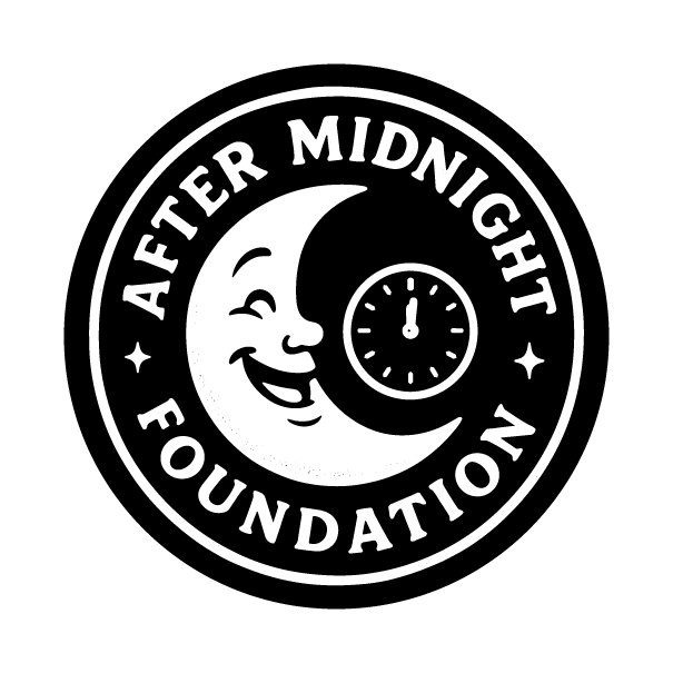 After Midnight Foundation circular logo with happy moon and midnight clock