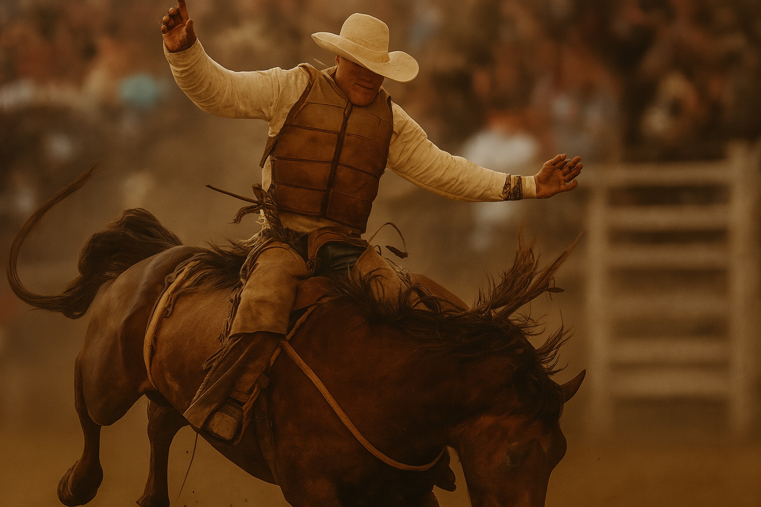 Rodeo rider in mid-action under arena lights at a night event.