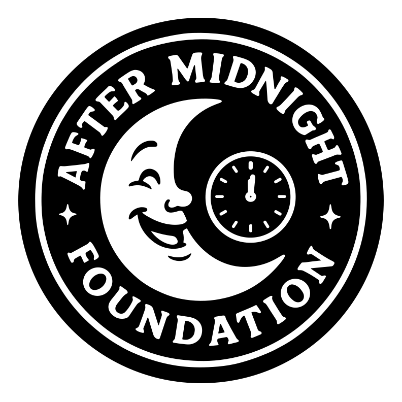 After Midnight Foundation circular logo with moon and midnight clock